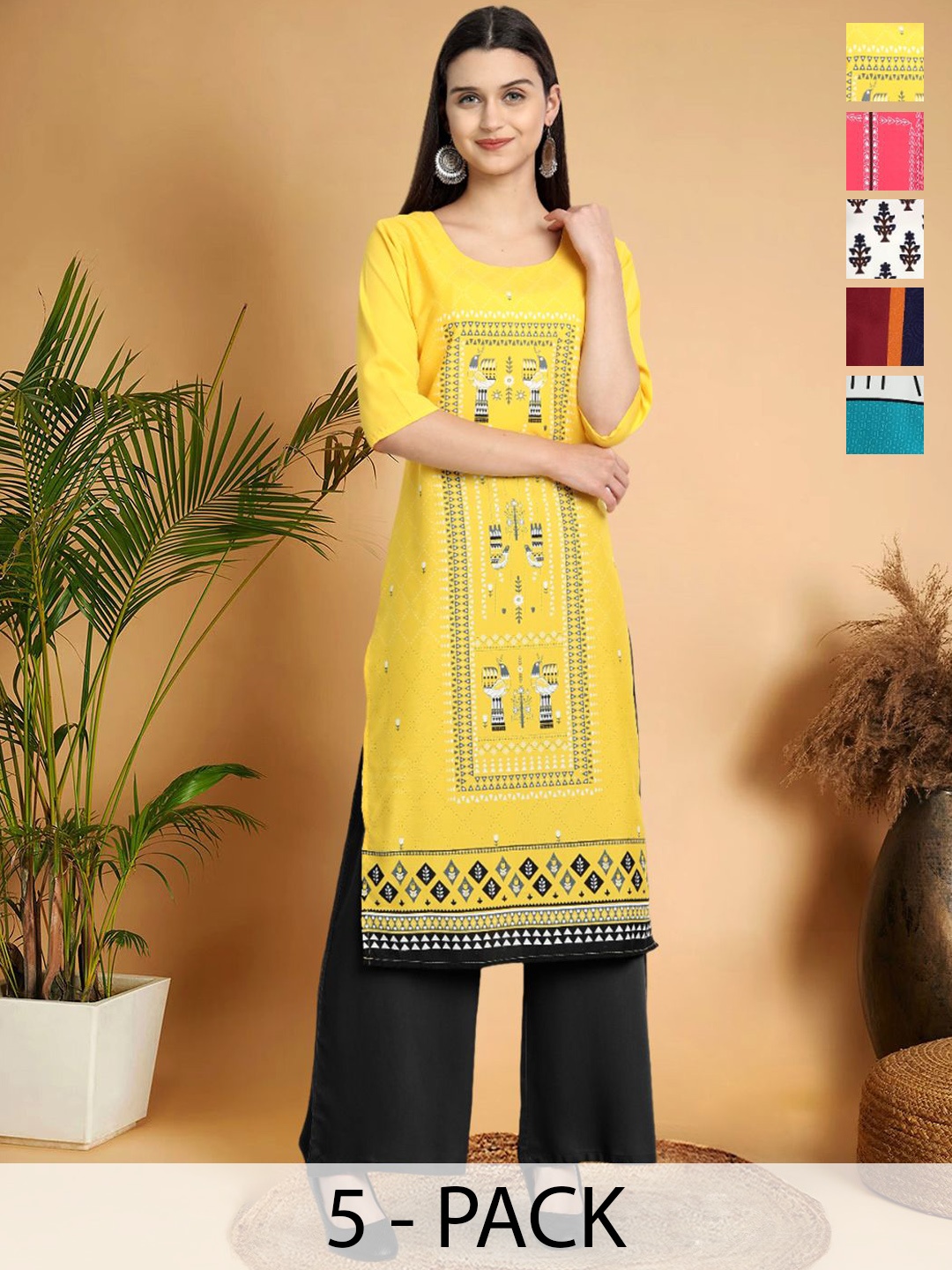 

7Threads Selection Of 5 Ethnic Motifs Printed Straight Kurtas, Yellow