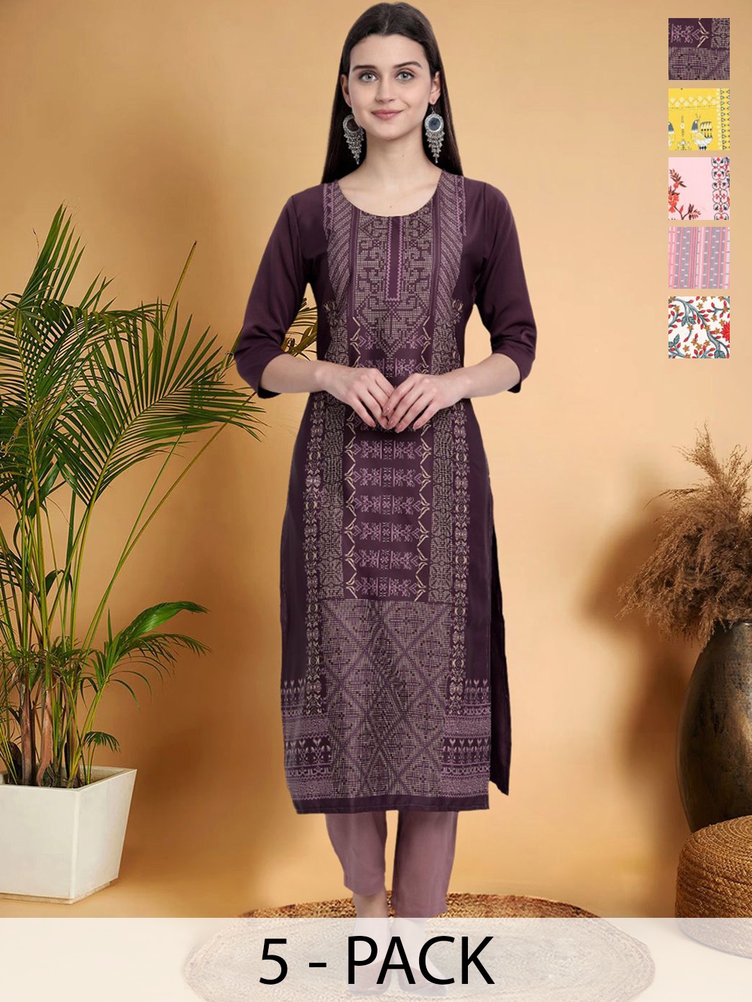 

7Threads Selection Of 5 Ethnic Motifs Printed Straight Kurtas, Purple