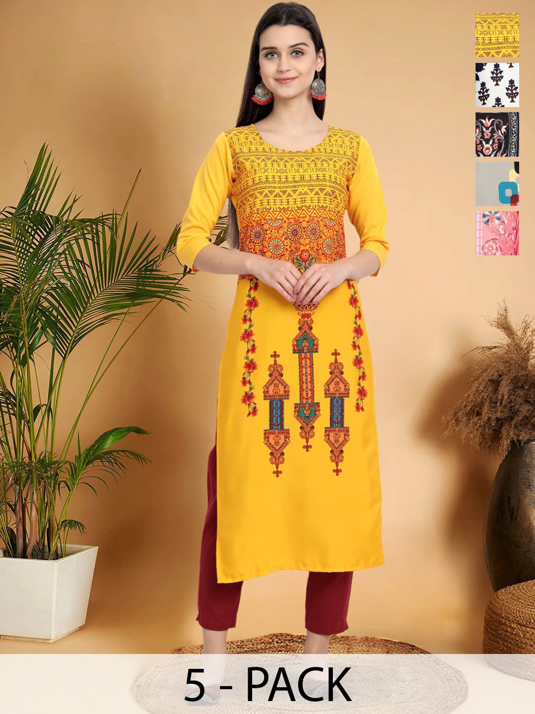 

7Threads Selection Of 5 Ethnic Motifs Printed Straight Kurtas, Yellow