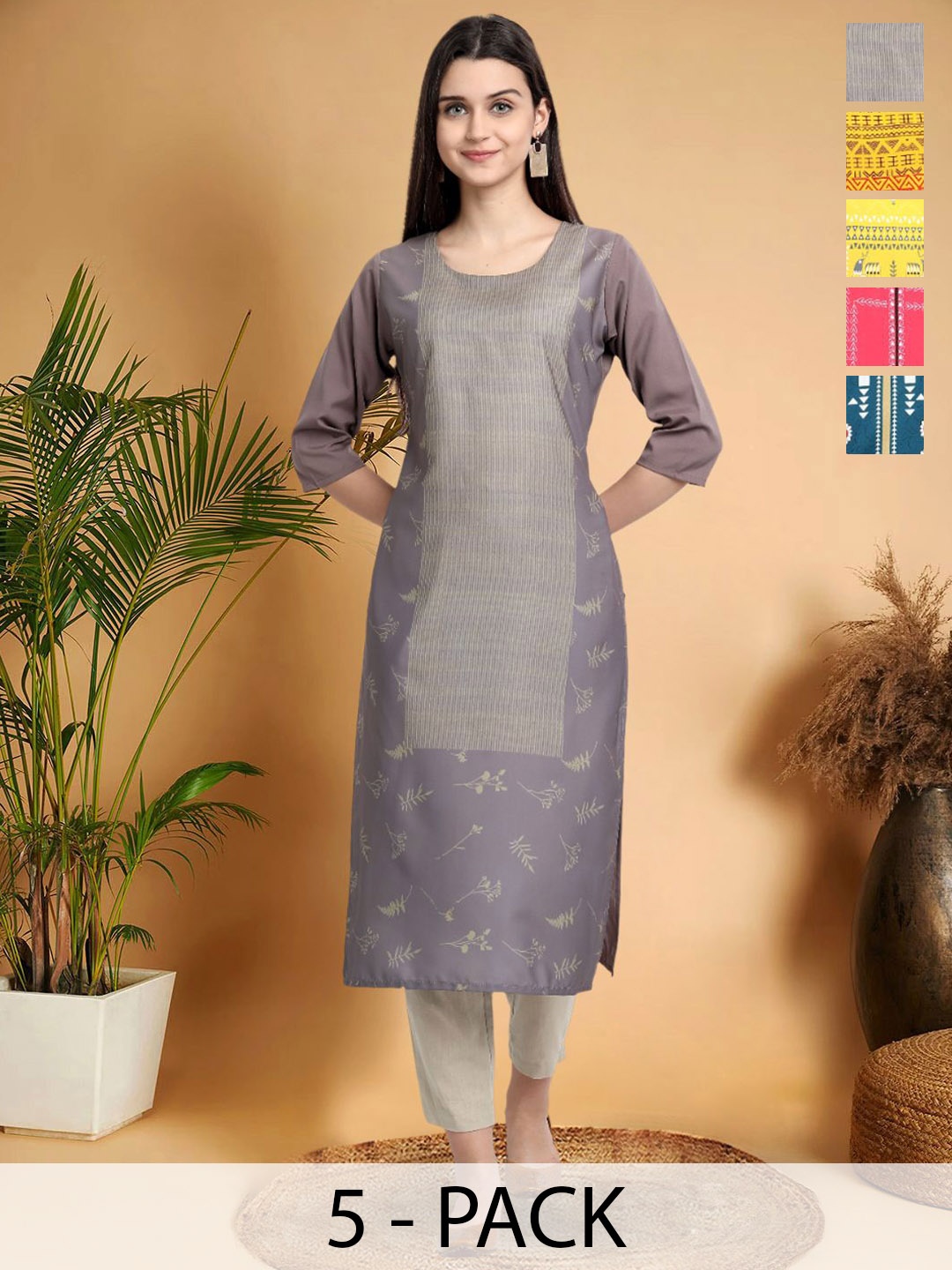 

7Threads Selection Of 5 Floral Printed Straight Kurtas, Purple