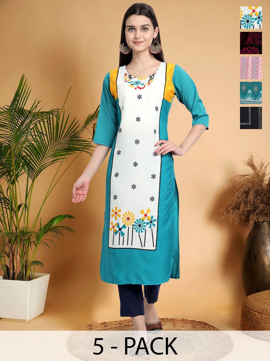 

7Threads Selection Of 5 Floral Printed Straight Kurtas, Blue