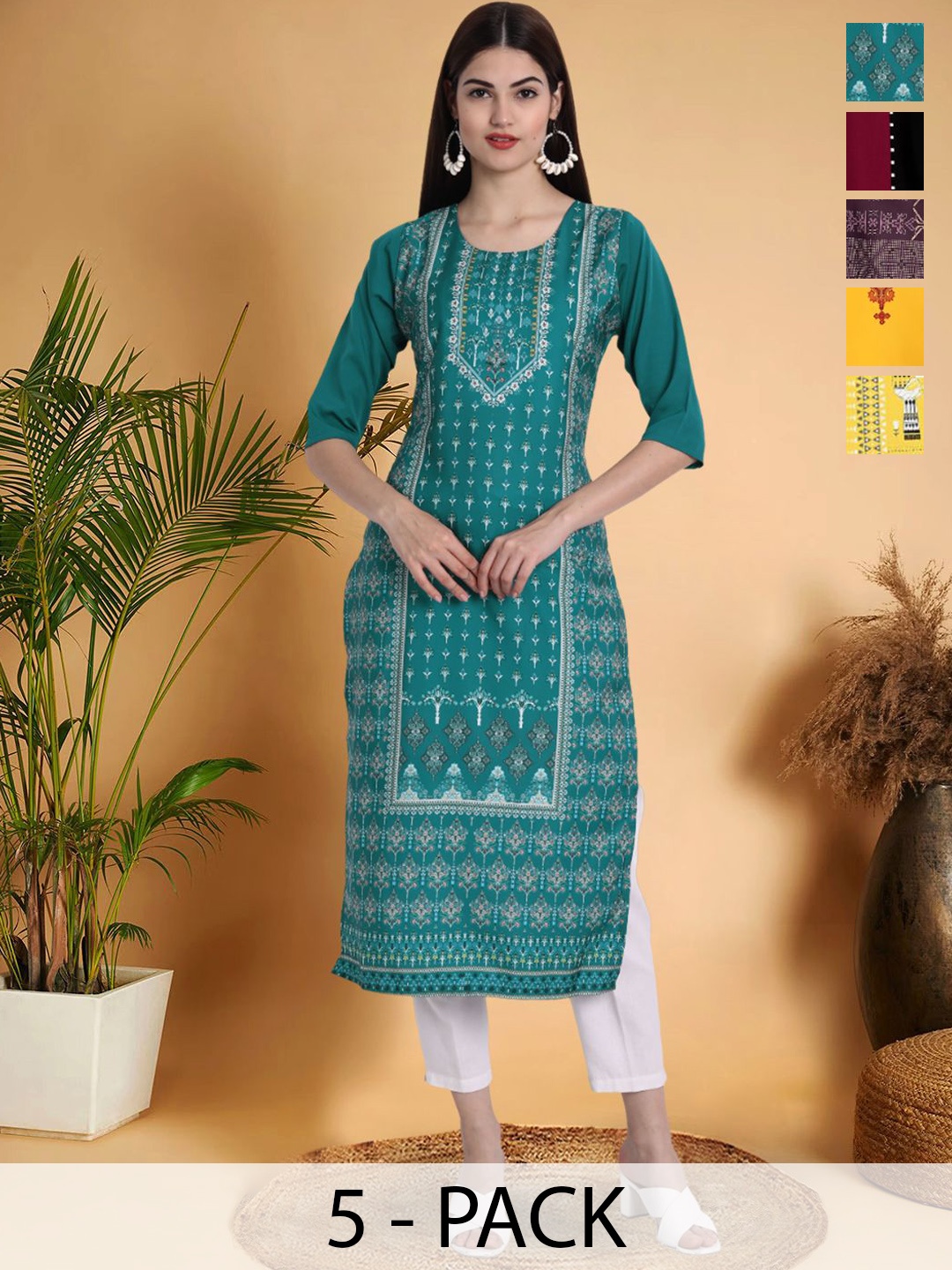 

7Threads Selection Of 5 Ethnic Motifs Printed Straight Kurtas, Blue