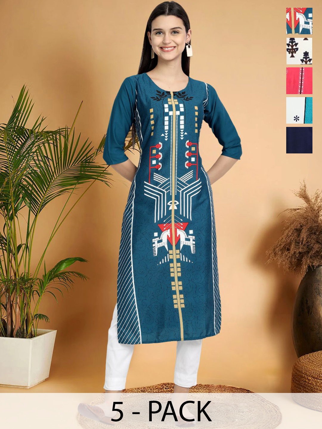 

7Threads Selection Of 5 Geometric Printed Straight Kurtas, Blue