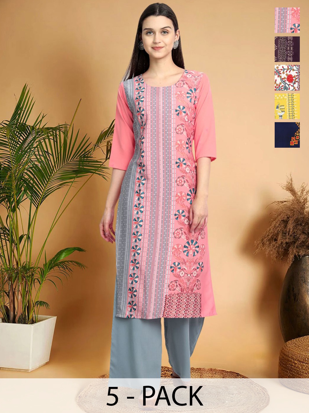 

7Threads Selection Of 5 Ethnic Motifs Printed Straight Kurtas, Pink