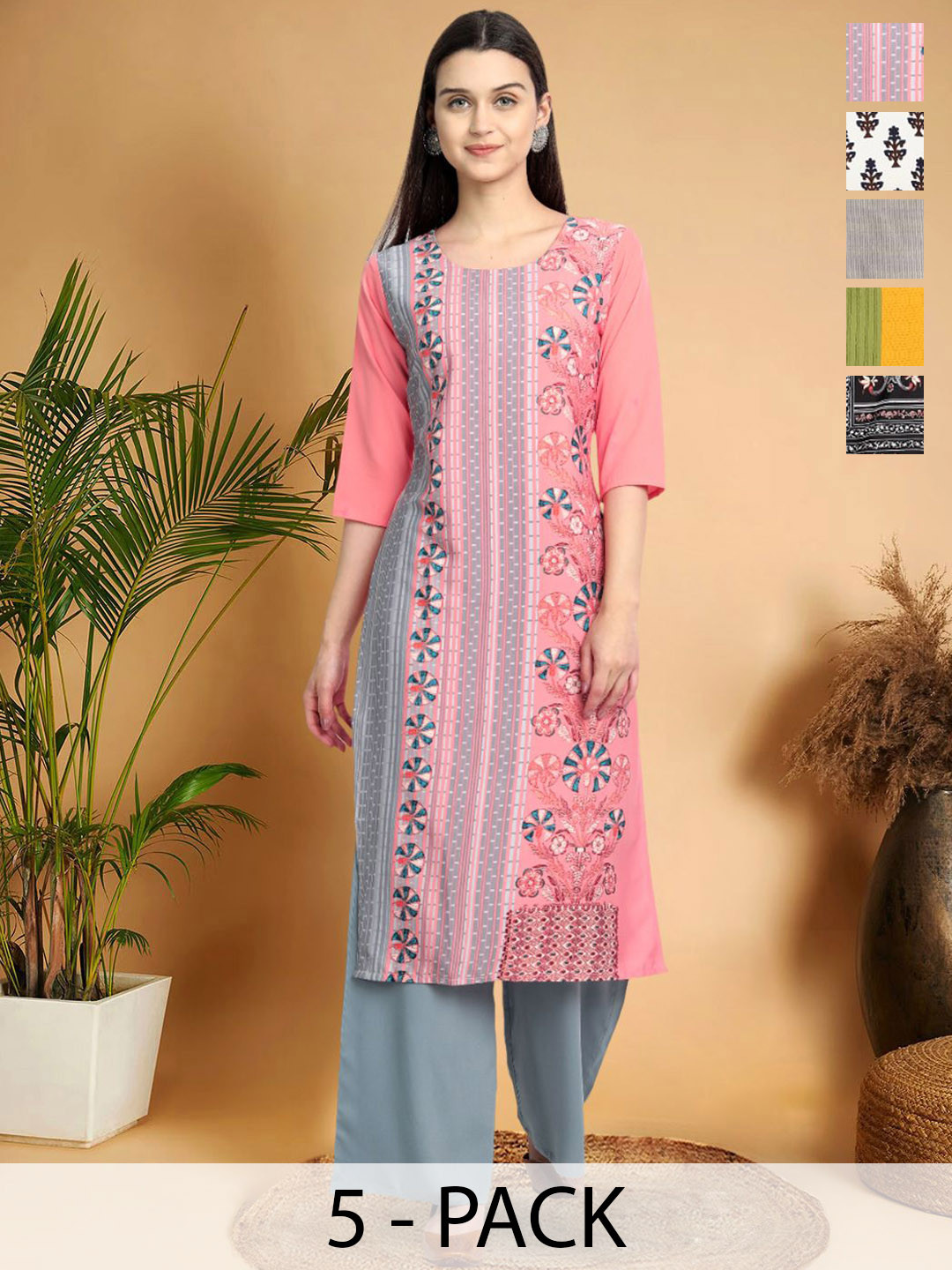 

7Threads Selection Of 5 Ethnic Motifs Printed Straight Kurtas, Pink