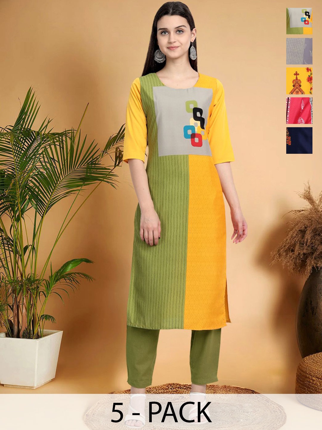 

7Threads Selection Of 5 Colourblocked Printed Straight Kurtas, Green