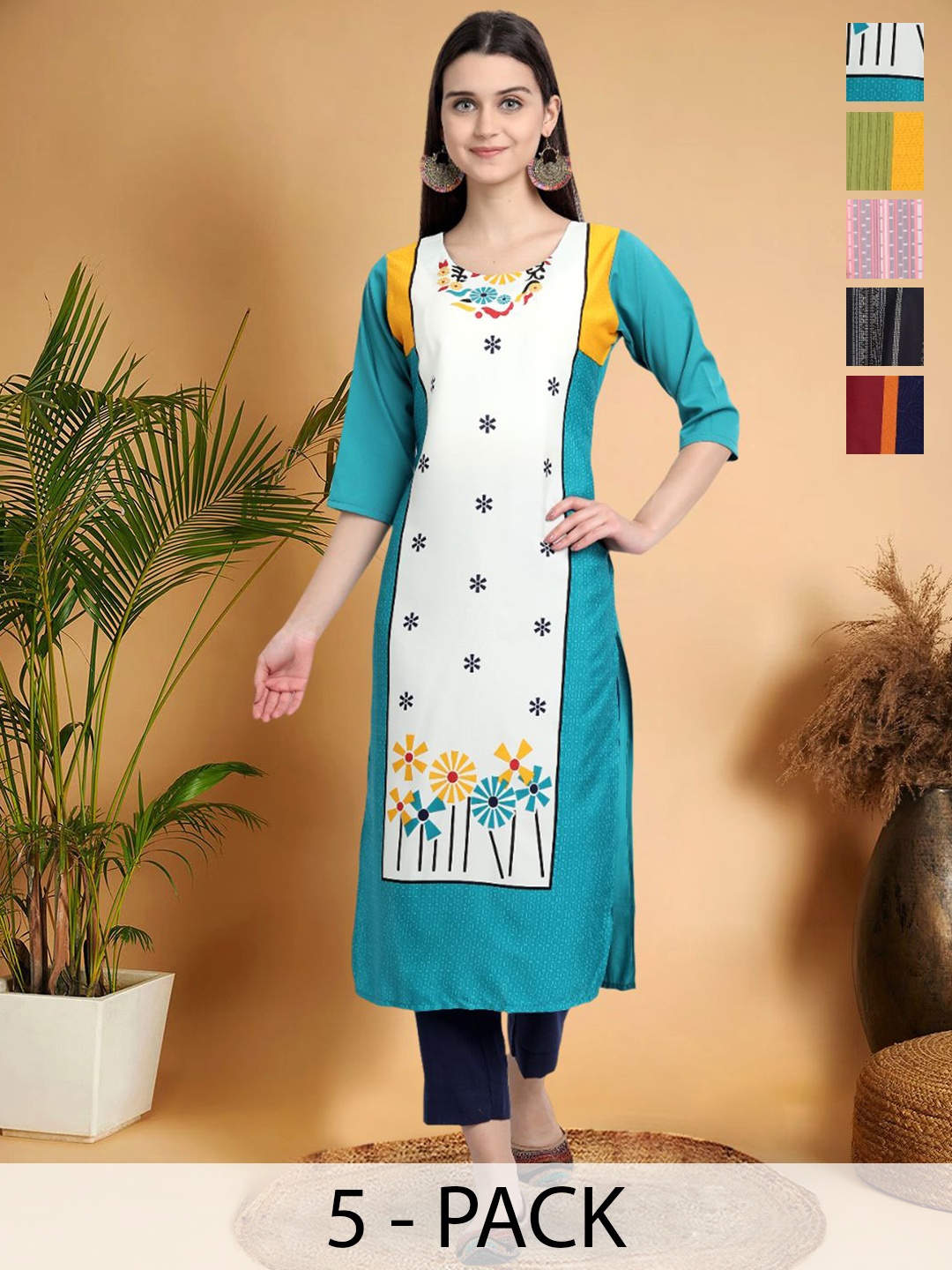 

7Threads Selection Of 5 Floral Printed Straight Kurtas, Blue