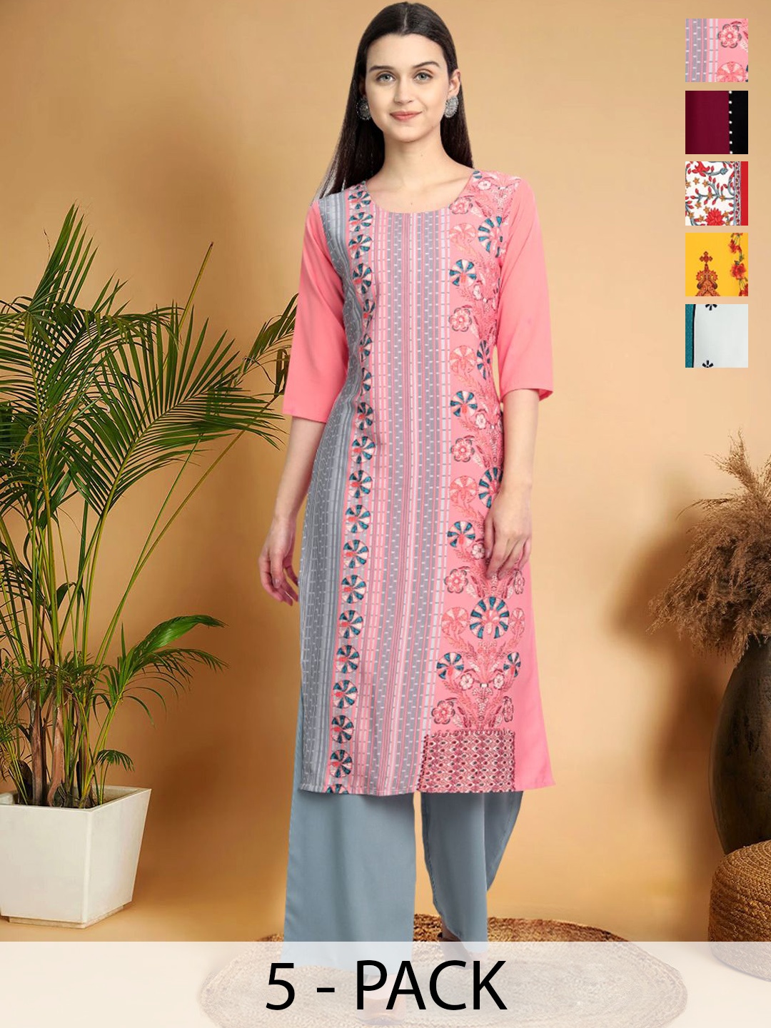 

7Threads Selection Of 5 Ethnic Motifs Printed Straight Kurtas, Pink