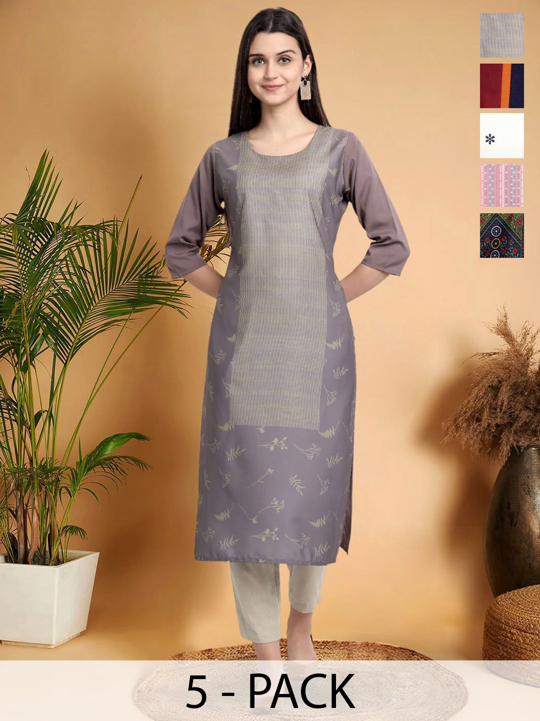 

7Threads Selection Of 5 Floral Printed Straight Kurtas, Purple