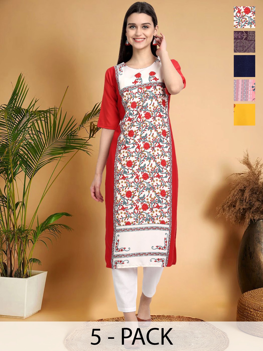 

7Threads Selection Of 5 Floral Printed Straight Kurtas, Red
