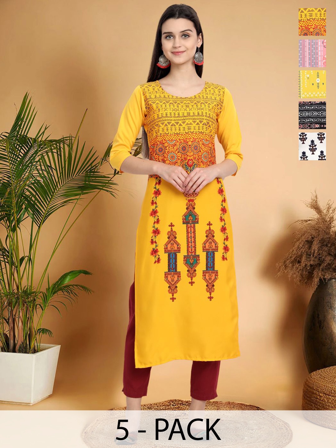 

7Threads Selection Of 5 Ethnic Motifs Printed Straight Kurtas, Yellow