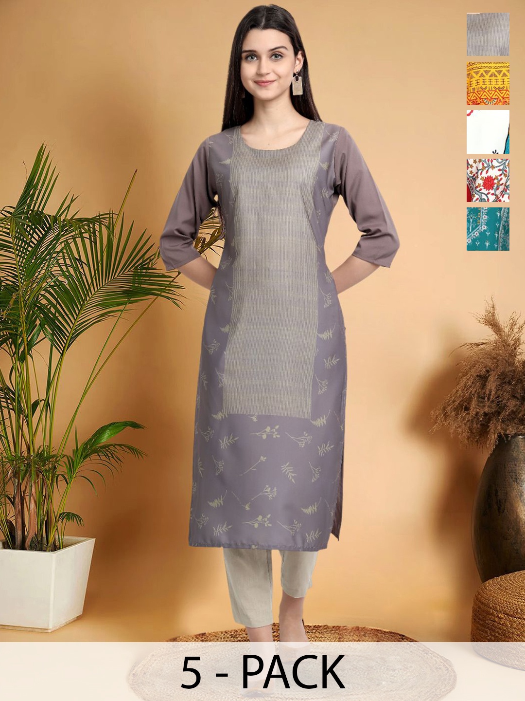 

7Threads Selection Of 5 Floral Printed Straight Kurtas, Purple
