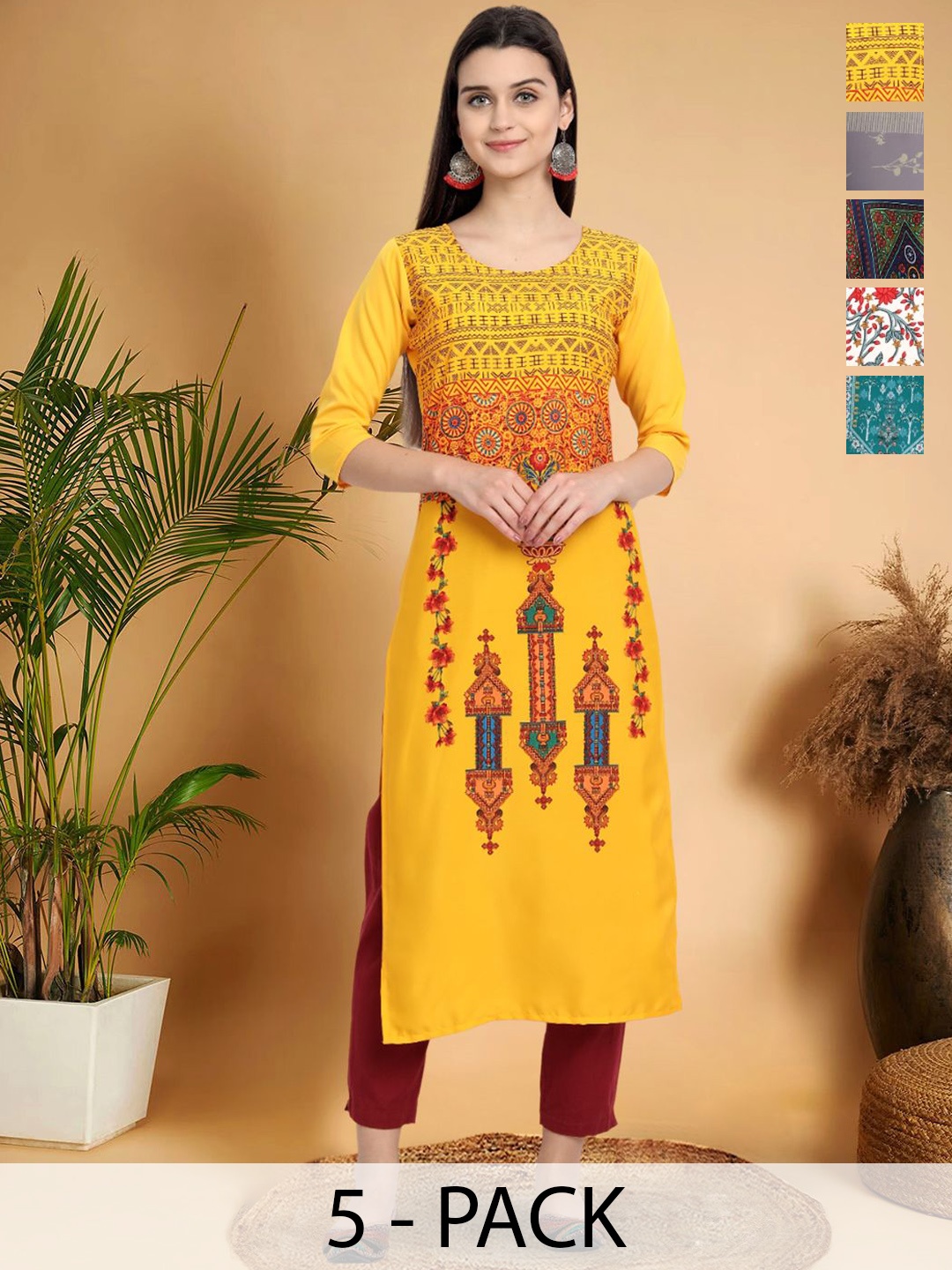 7Threads Selection Of 5 Ethnic Motifs Printed Straight Kurtas, Yellow