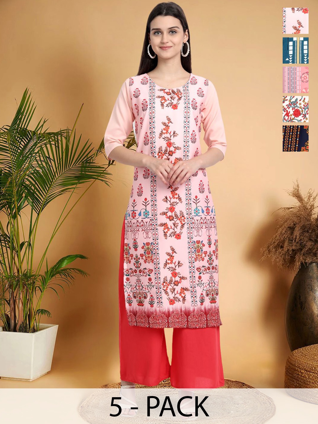 

7Threads Selection Of 5 Floral Printed Straight Kurtas, Pink