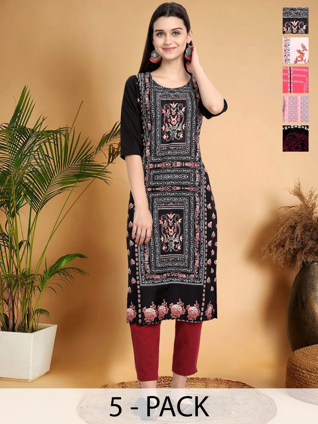 

7Threads Selection Of 5 Ethnic Motifs Printed Straight Kurtas, Black