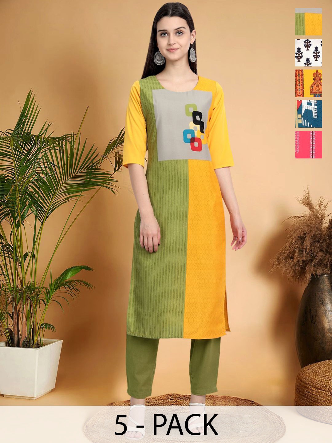 

7Threads Selection Of 5 Colourblocked Round Neck Straight Kurtas, Yellow