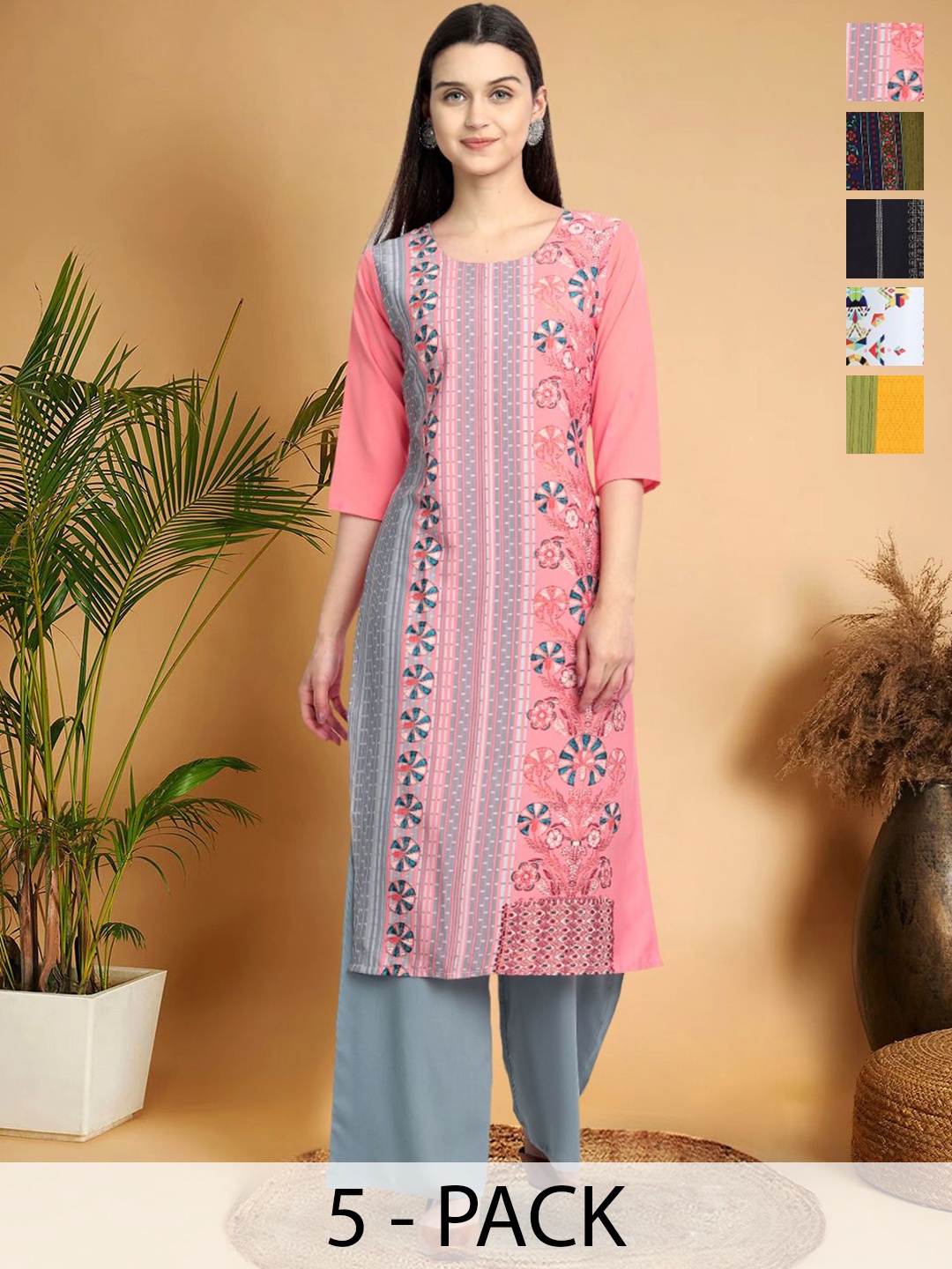 

7Threads Selection Of 5 Ethnic Motifs Printed Round Neck Straight Kurtas, Pink