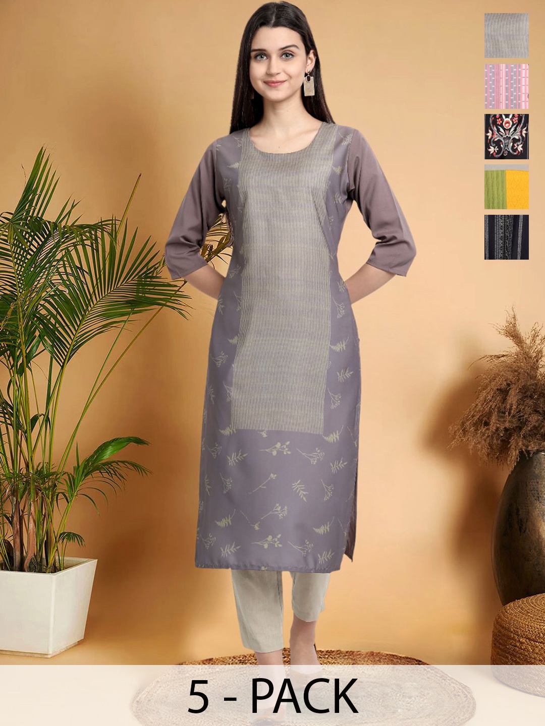 

7Threads Selection Of 5 Ethnic Motifs Printed Round Neck Straight Kurtas, Grey