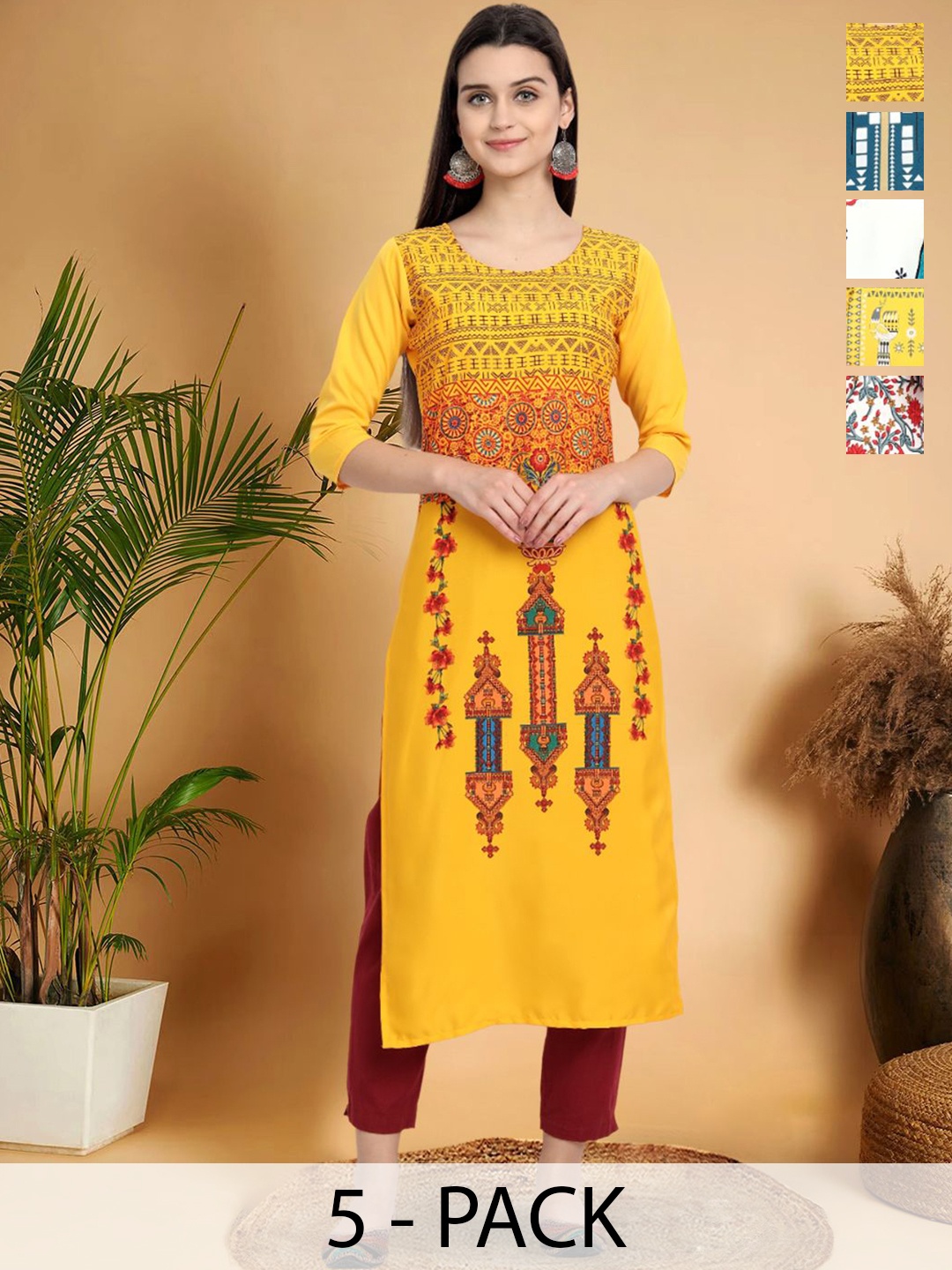 

7Threads Selection Of 5 Ethnic Motifs Printed Round Neck Straight Kurtas, Yellow