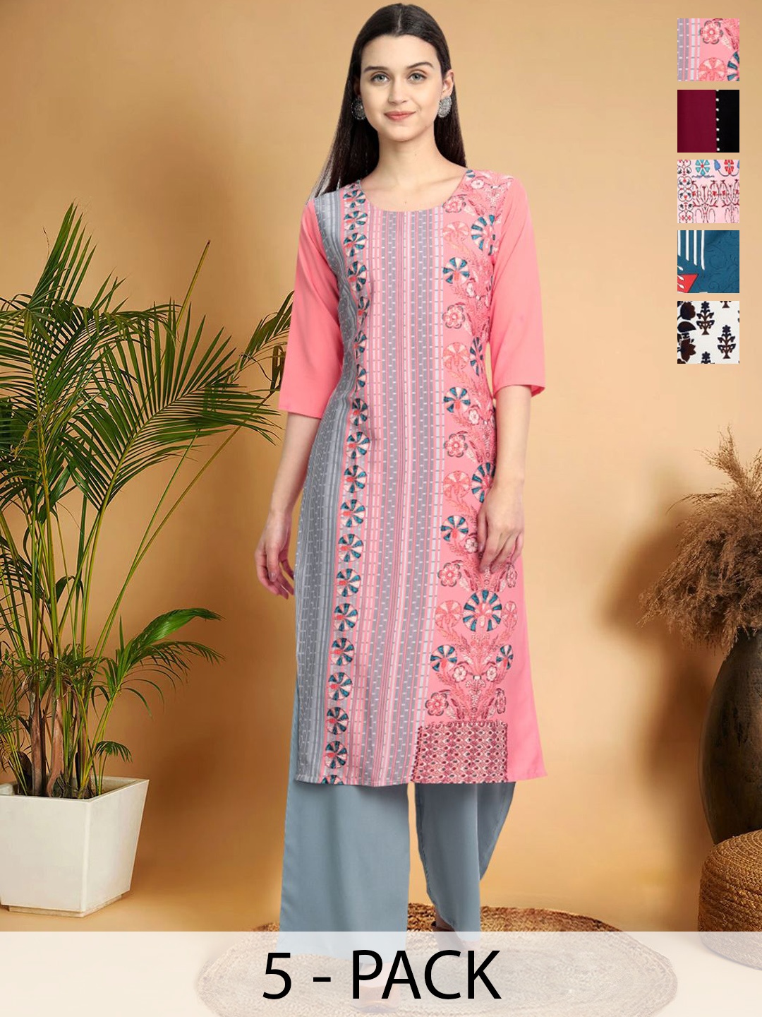 

7Threads Selection Of 5 Ethnic Motifs Printed Round Neck Straight Kurtas, Pink
