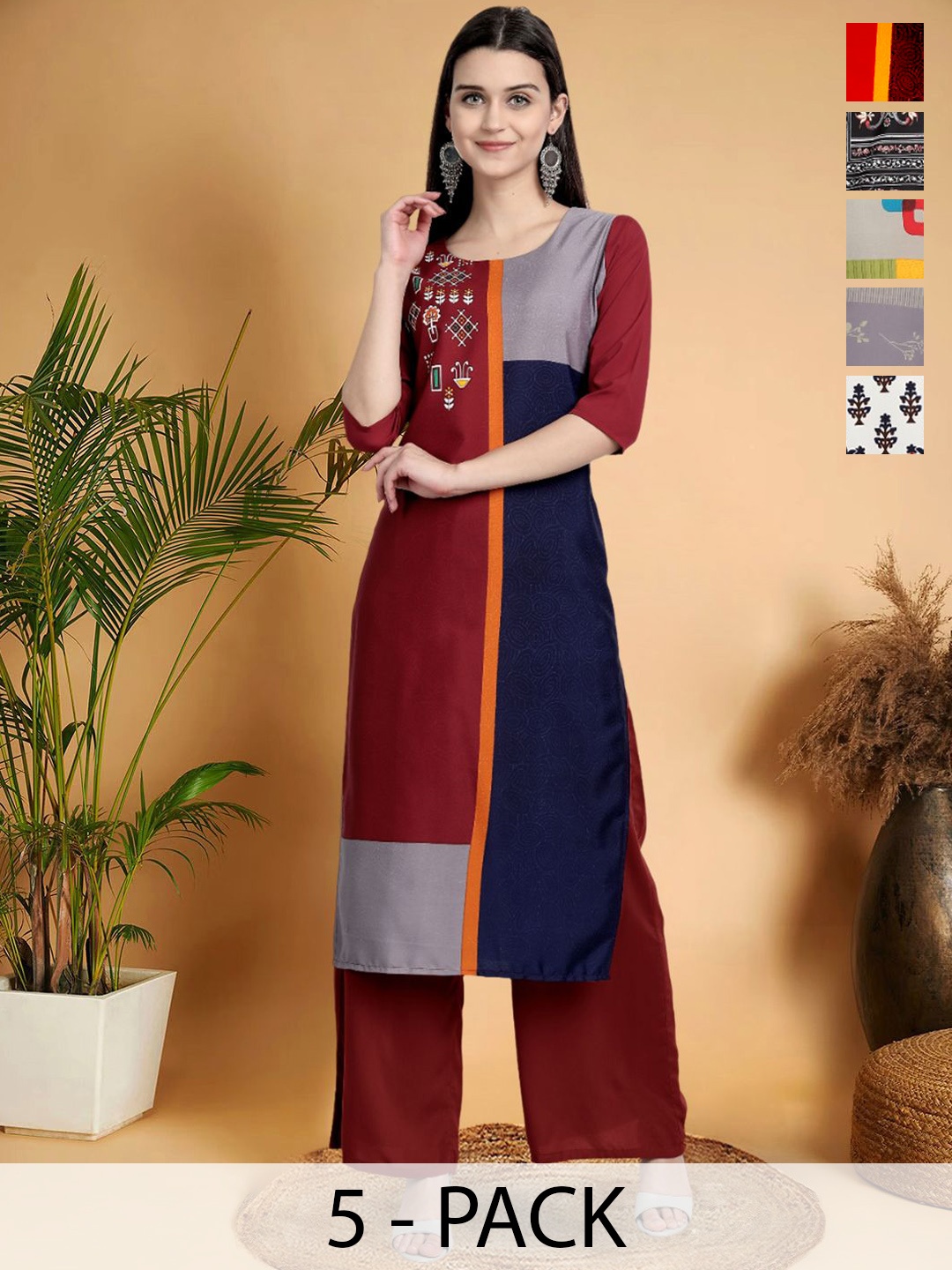 

7Threads Selection Of 5 Colourblocked Round Neck Straight Kurtas, Maroon