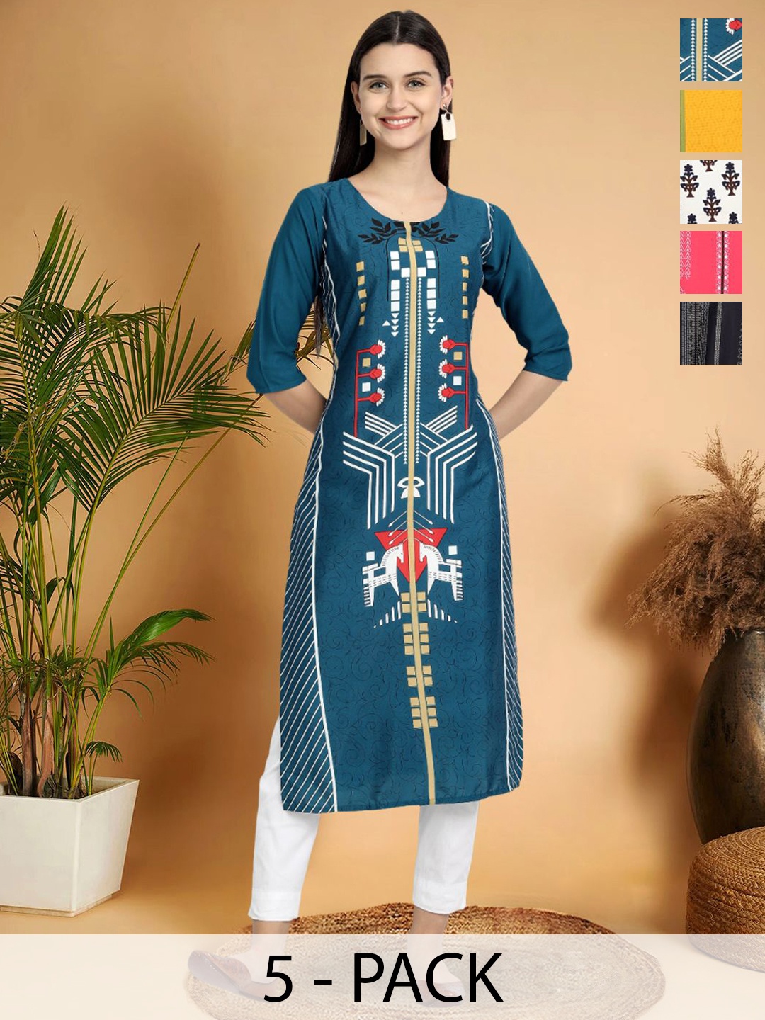 

7Threads Selection Of 5 Ethnic Motifs Printed Round Neck Straight Kurtas, Teal