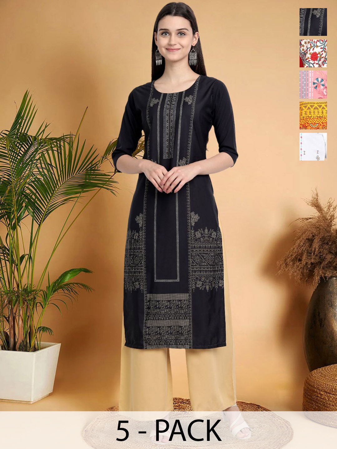 

7Threads Selection Of 5 Ethnic Motifs Printed Round Neck Straight Kurtas, Black