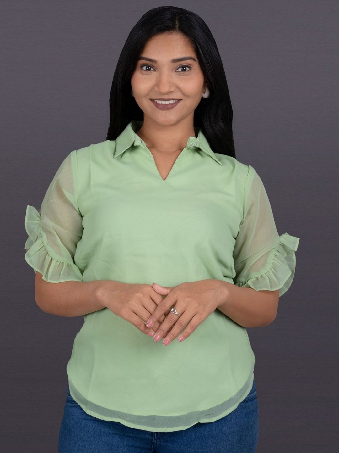 

La Aimee Women Shirt Collar Ruffles Sleeve Georgette Top, Green