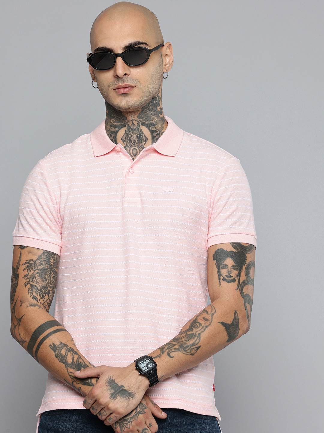

Levis Pure Cotton Striped Slim Fit Polo Collar T-shirt, Pink