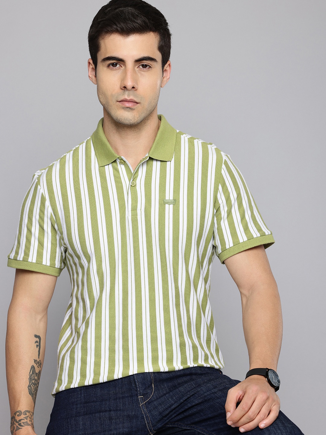 

Levis Pure Cotton Striped Polo Collar Slim Fit T-shirt, Green