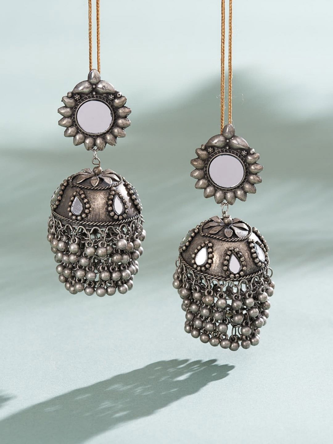 

UnfoldSelf Alloy Silver-Plated Contemporary Oxidised Beaded Jhumkas, Grey