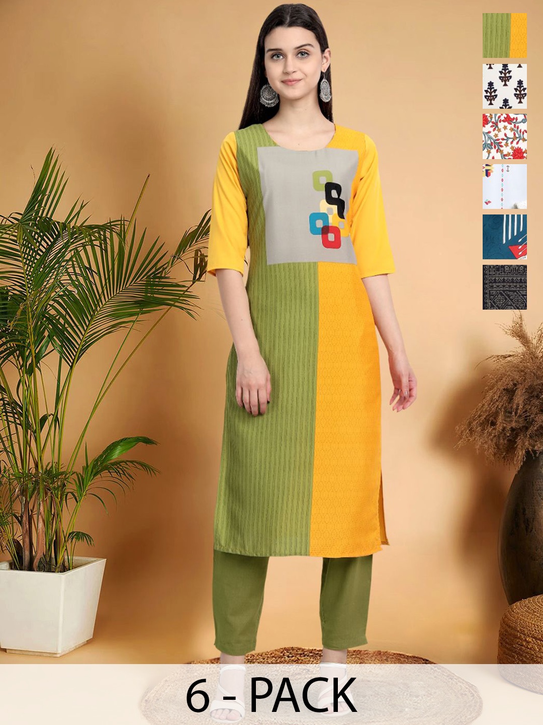 

7Threads Selection Of 6 Colourblocked Round Neck Straight Kurtas, Yellow