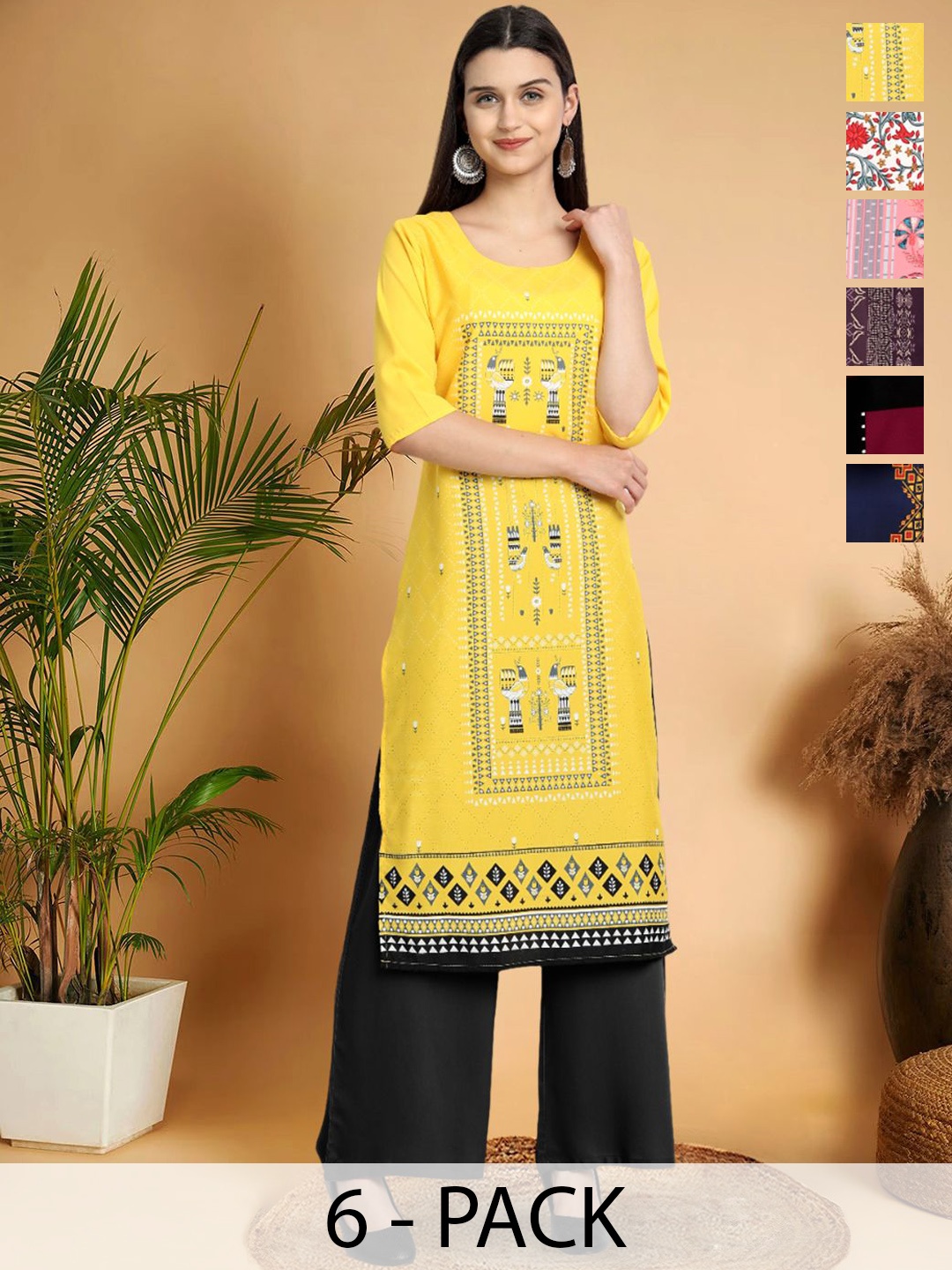 

7Threads Selection Of 6 Ethnic Motifs Printed Round Neck Straight Kurtas, Yellow