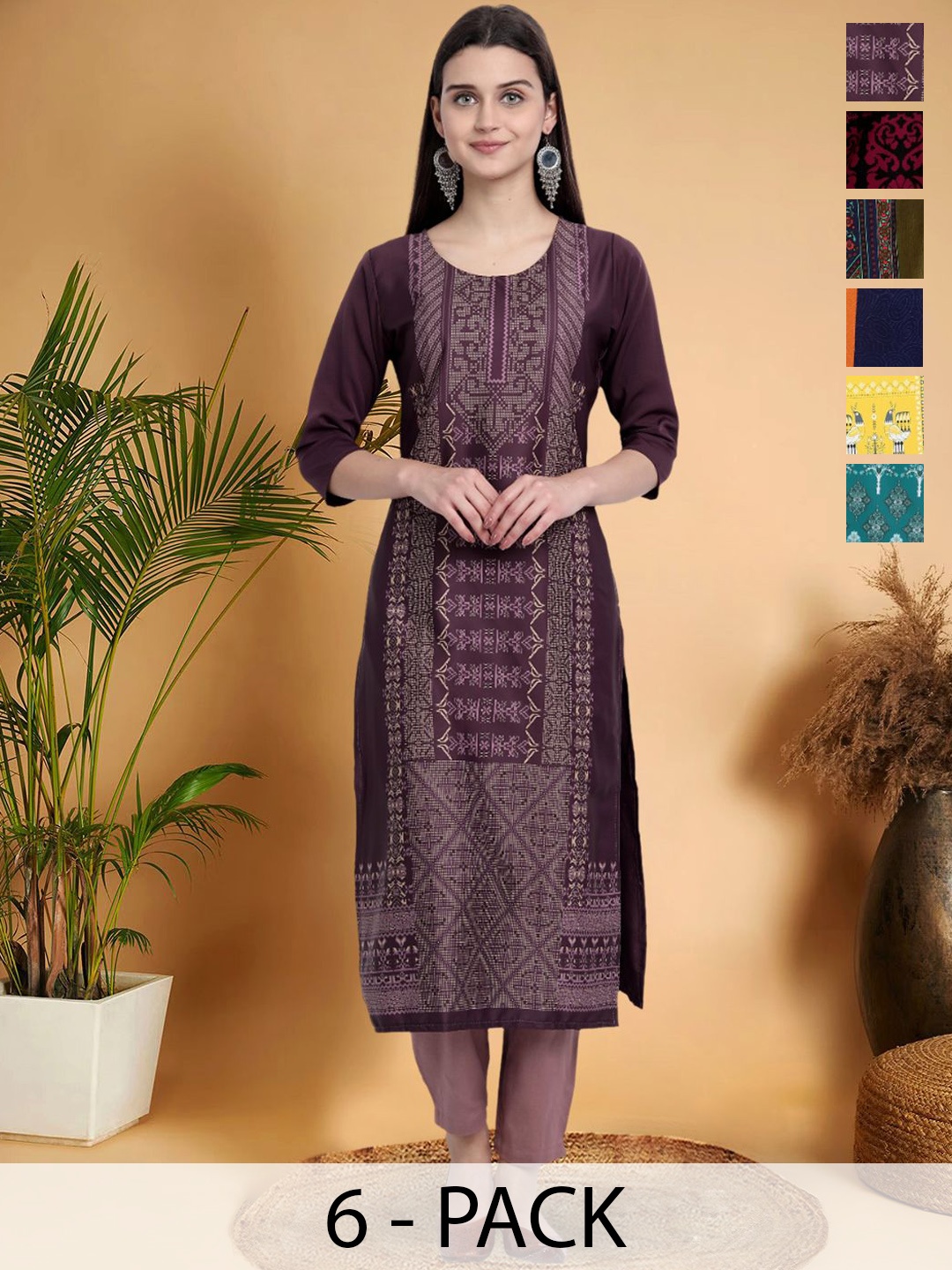 

7Threads Selection Of 6 Ethnic Motifs Printed Round Neck Straight Kurtas, Purple
