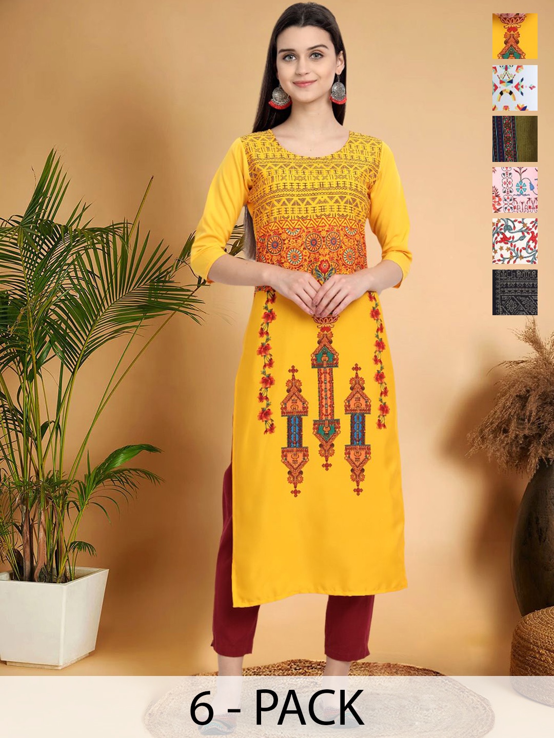 

7Threads Selection Of 6 Ethnic Motifs Printed Round Neck Straight Kurtas, Yellow