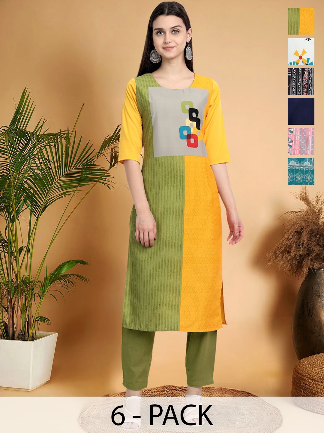 

7Threads Selection Of 6 Colourblocked Round Neck Straight Kurtas, Yellow