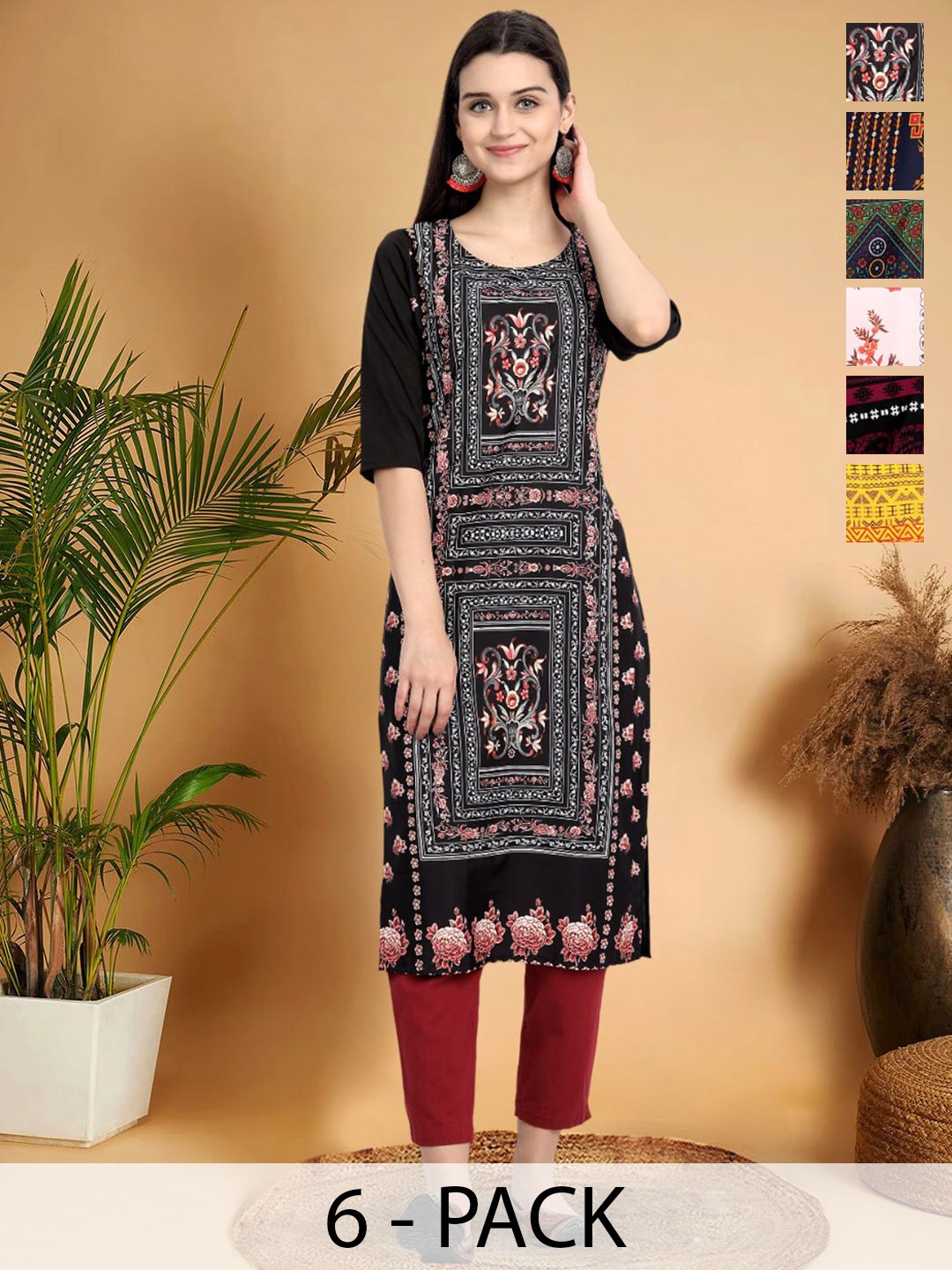 

7Threads Selection Of 6 Ethnic Motifs Printed Round Neck Straight Kurtas, Black