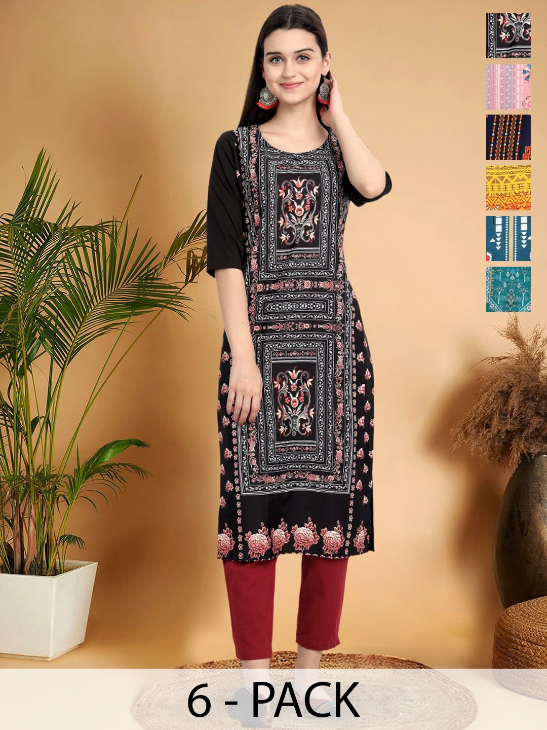 

7Threads Selection Of 6 Ethnic Motifs Printed Round Neck Straight Kurtas, Black