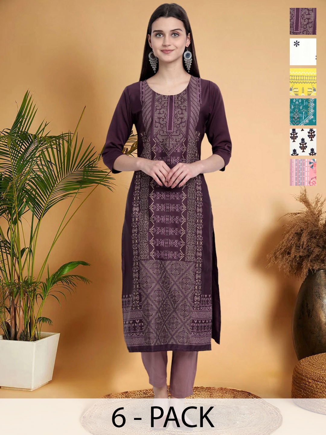 

7Threads Selection Of 6 Ethnic Motifs Printed Round Neck Straight Kurtas, Purple