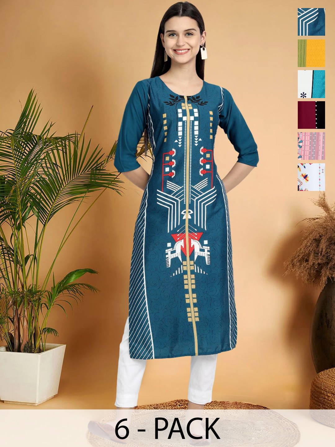 

7Threads Selection Of 6 Ethnic Motifs Printed Round Neck Straight Kurtas, Teal