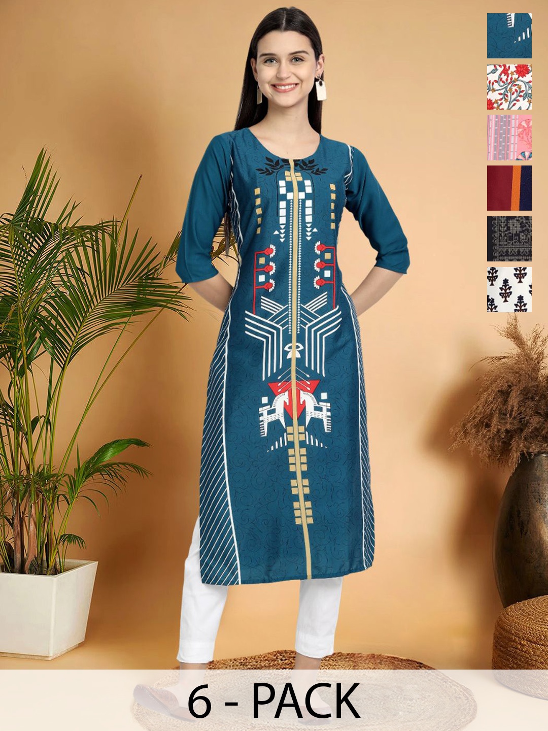 

7Threads Selection Of 6 Ethnic Motifs Printed Round Neck Straight Kurtas, Teal