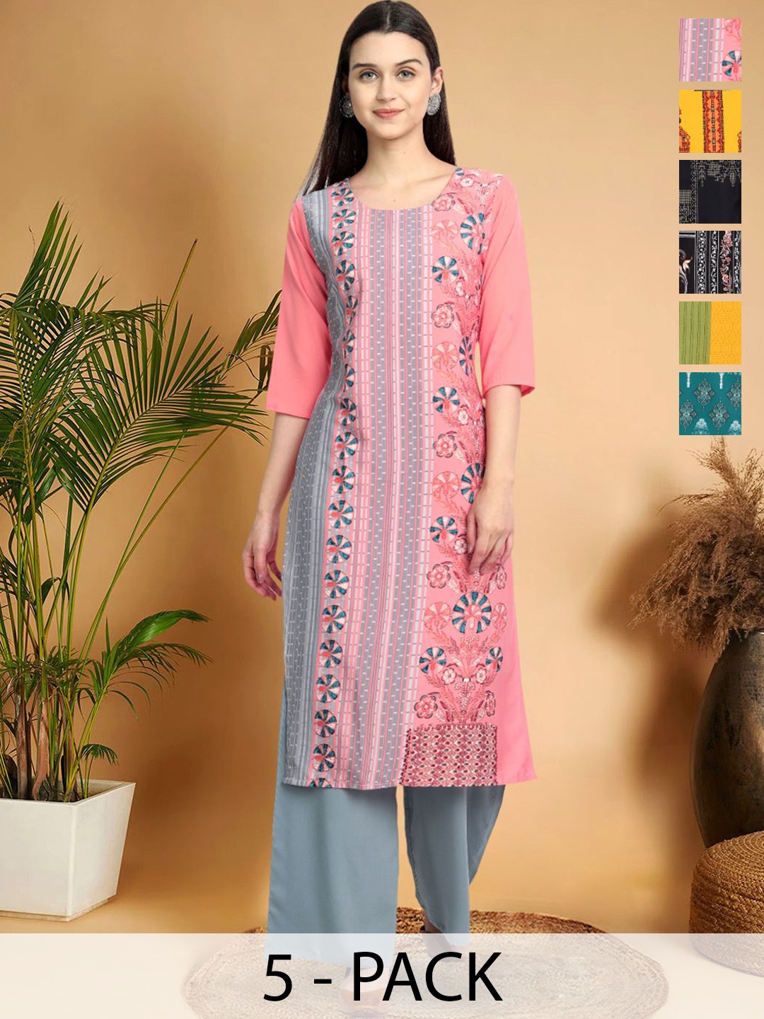 

7Threads Selection Of 6 Ethnic Motifs Printed Round Neck Straight Kurtas, Pink