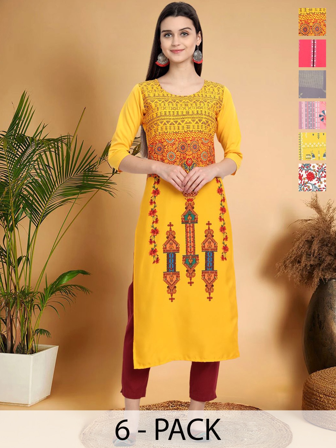 

7Threads Selection Of 6 Ethnic Motifs Printed Round Neck Straight Kurtas, Multi