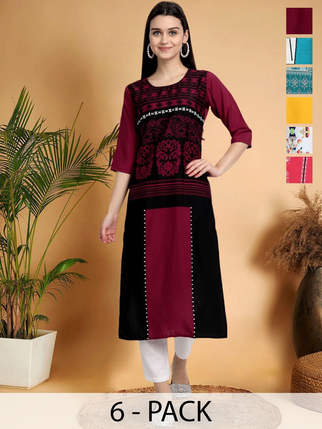 

7Threads Selection Of 6 Ethnic Motifs Printed Round Neck Straight Kurtas, Maroon