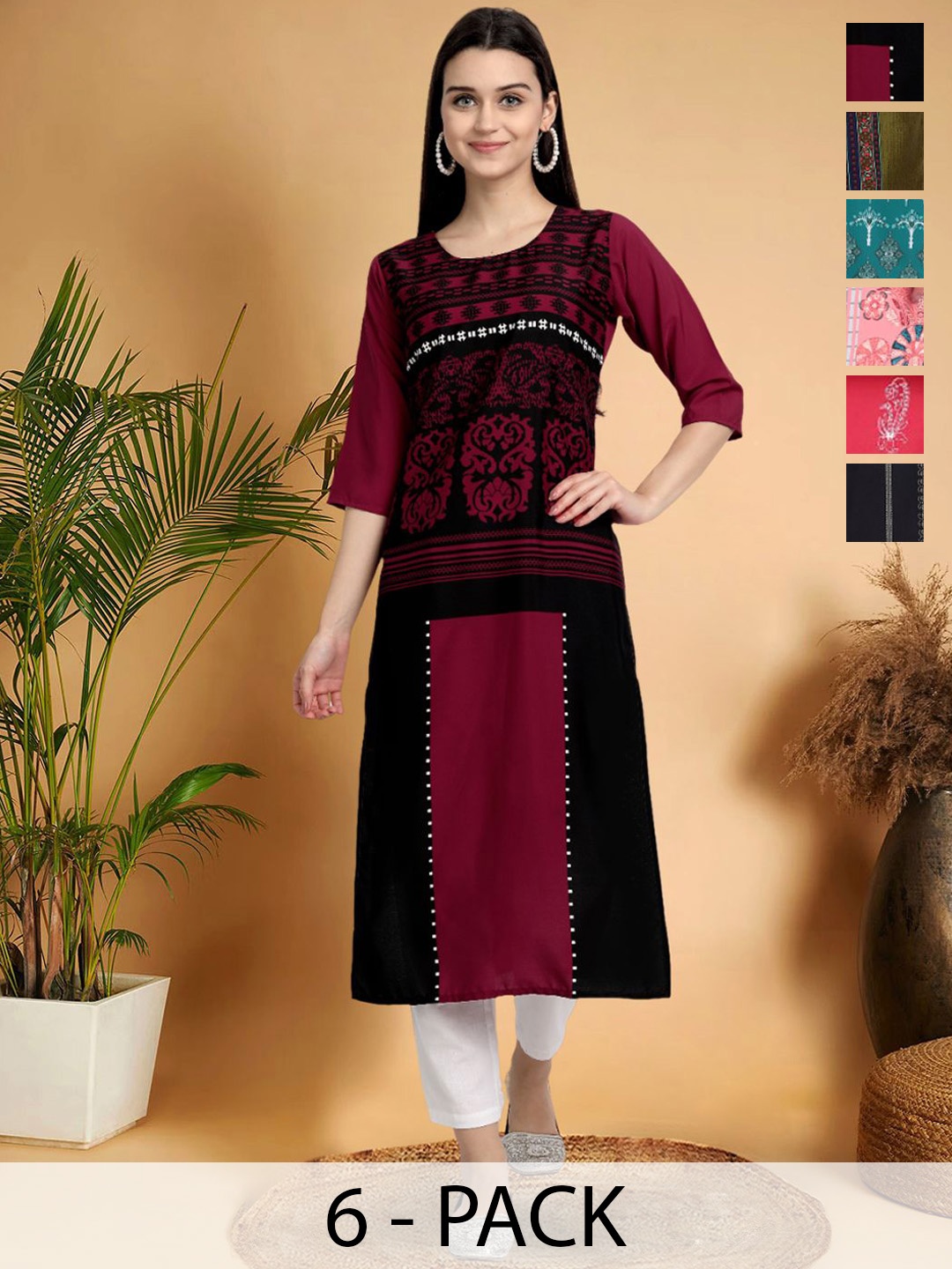 

7Threads Selection Of 6 Ethnic Motifs Printed Round Neck Straight Kurtas, Maroon