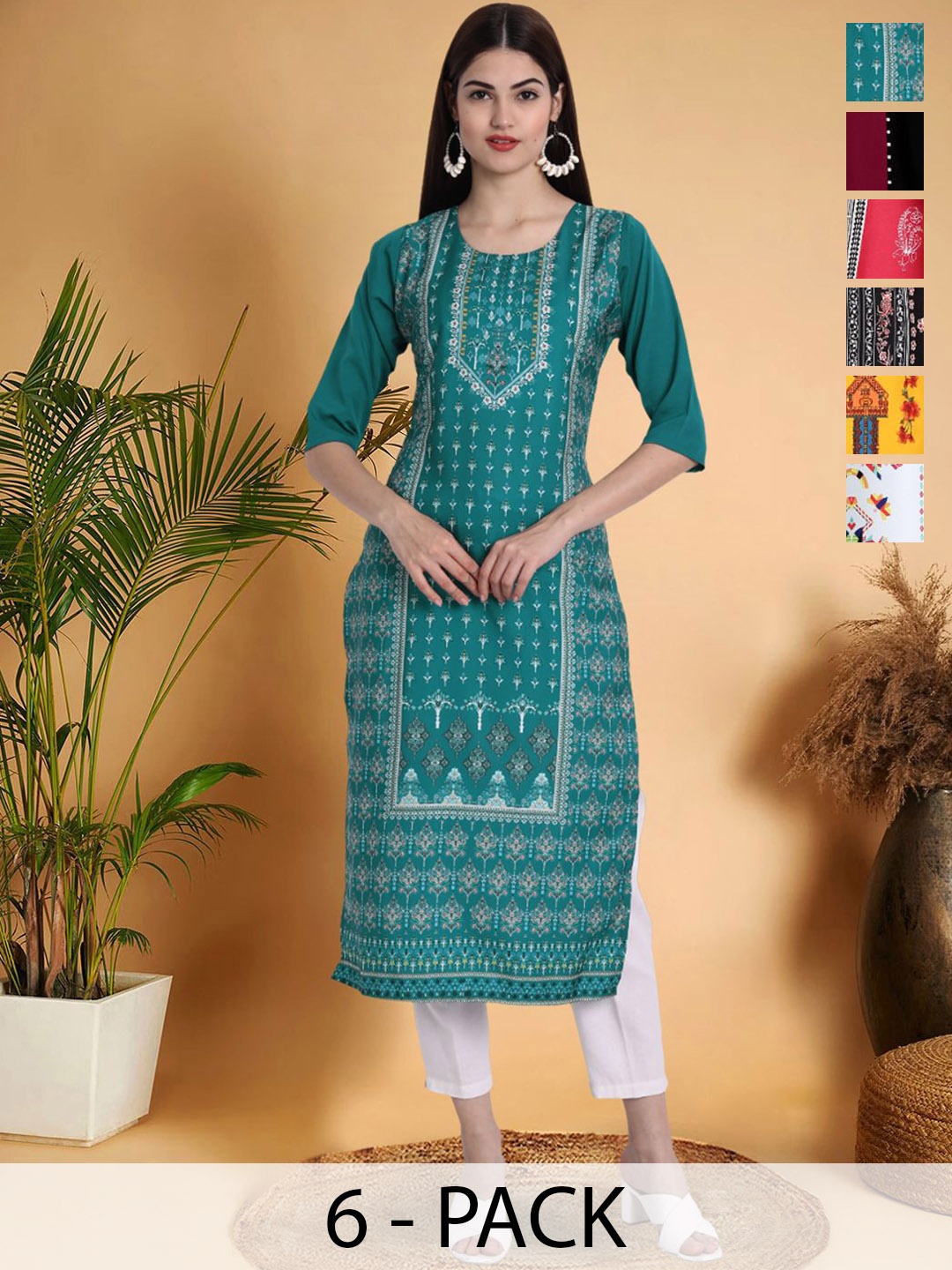

7Threads Selection Of 6 Ethnic Motifs Printed Round Neck Straight Kurtas, Teal