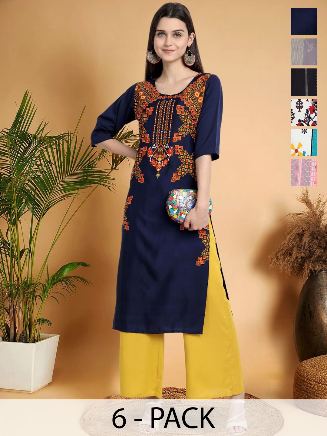 

7Threads Selection Of 6 Ethnic Motifs Printed Round Neck Straight Kurtas, Navy blue