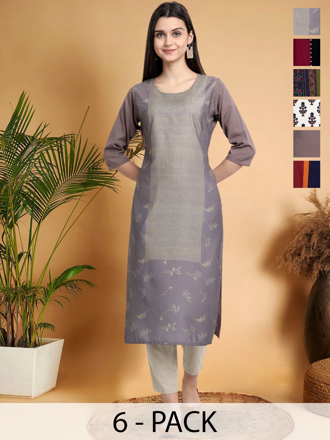 

7Threads Selection Of 6 Ethnic Motifs Printed Round Neck Straight Kurtas, Grey