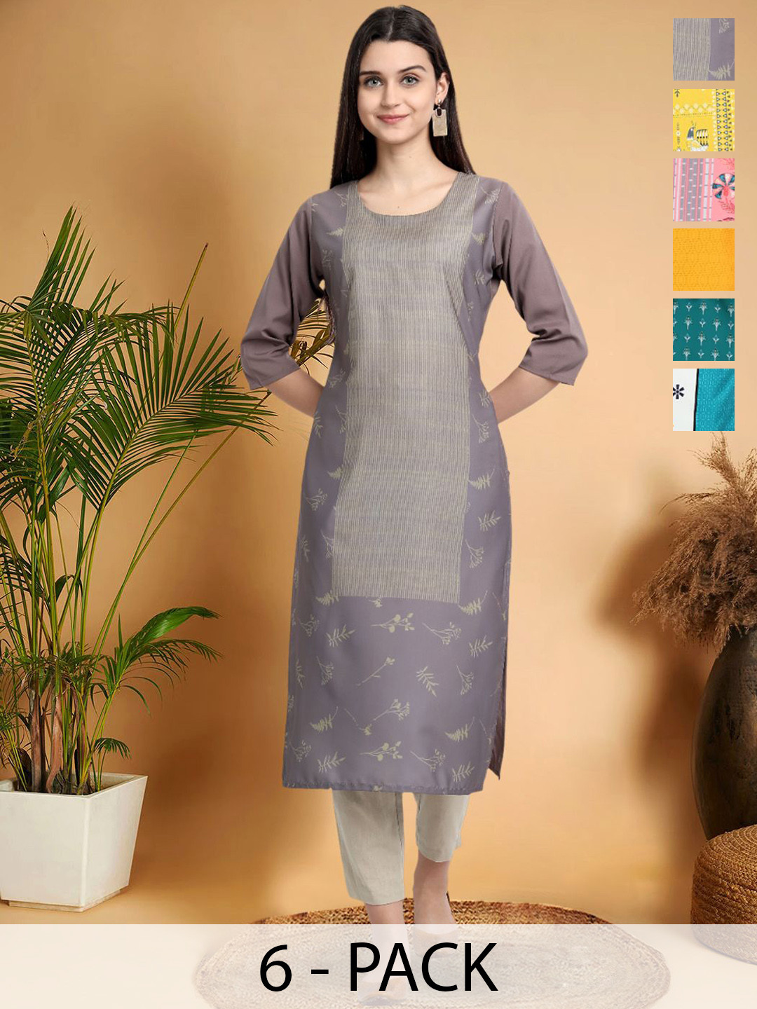 

7Threads Selection Of 6 Ethnic Motifs Printed Round Neck Straight Kurtas, Grey