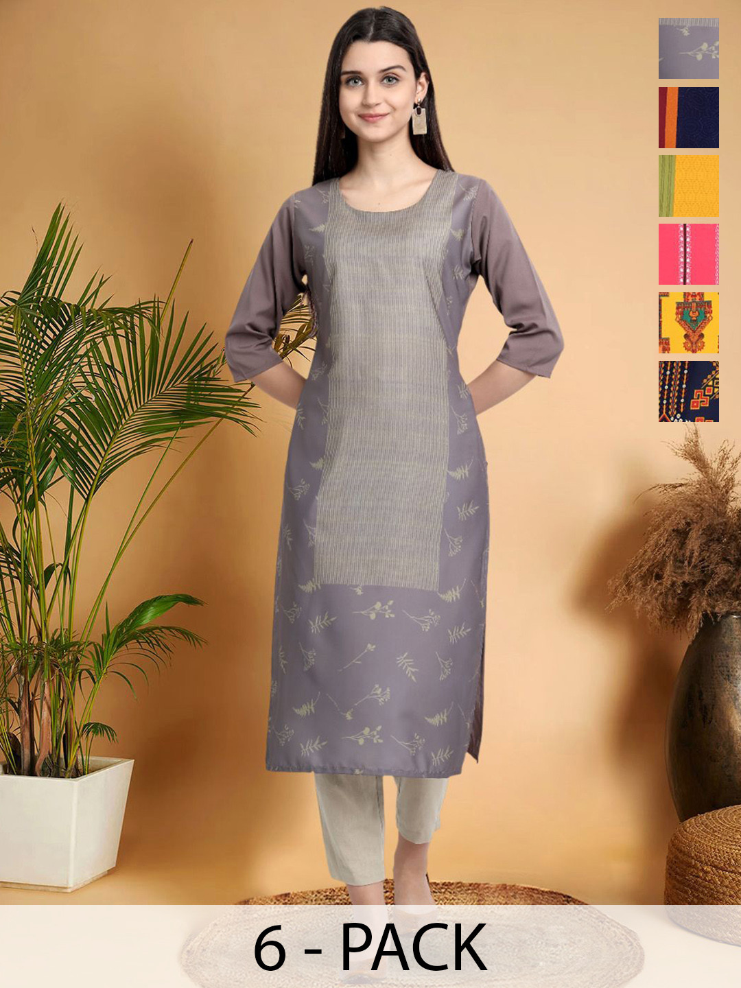 

7Threads Selection Of 6 Geometric Printed Round Neck Straight Kurtas, Grey